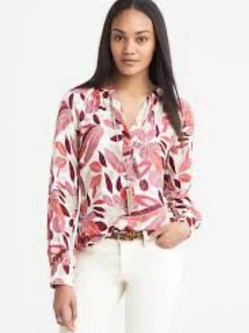 Banana Republic Red Floral Leaf Print V-Neck Long Sleeve Blouse